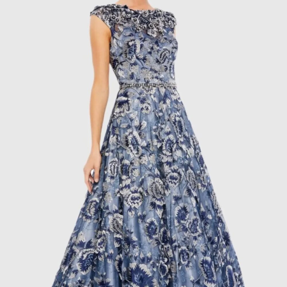 MAC DUGGAL NWT Blue Embellished Cap Sleeve High Neck Ballgown 10 Style # 79325